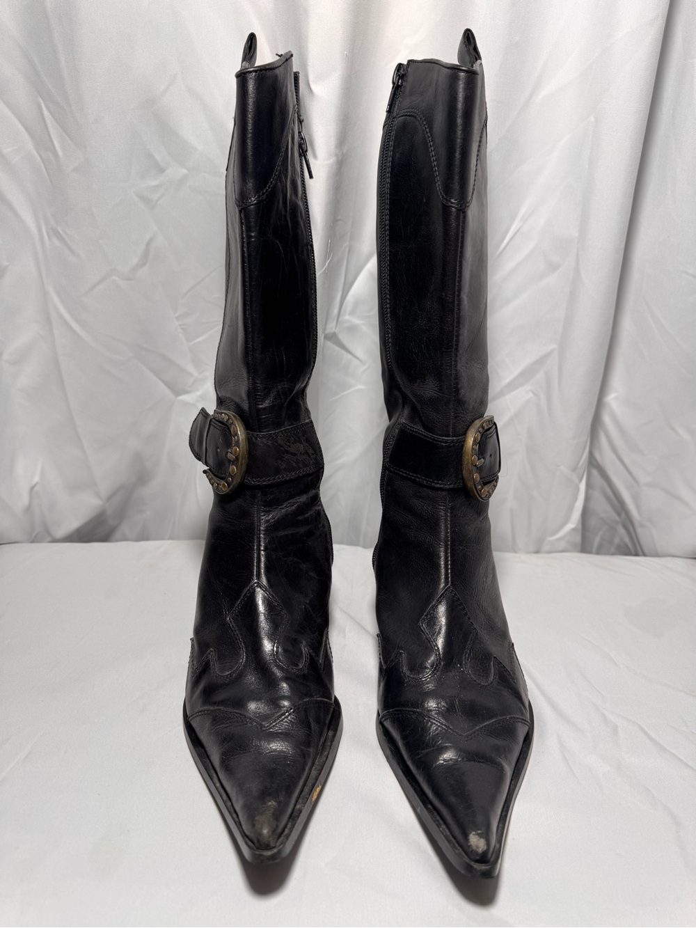 Black Leather Pointed Toe Knee Boots with Decorative Buckle